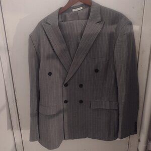 YND Slim Fit Double-Breasted Pinstripe Suit, Gray 3XL, ALTERED CUFFS & LEGS